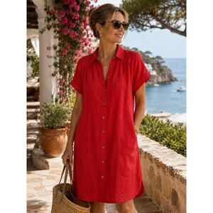 J.Crew NWT 100% Linen Relaxed Shirt Dress Red Coastal Resort Cover Up MP $148